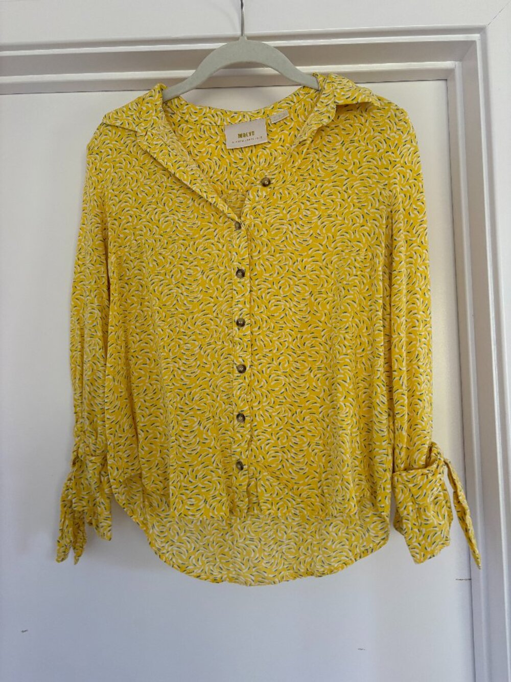 Maeve Anthropologie Yellow Printed Long Sleeve Button Front Blouse, 4